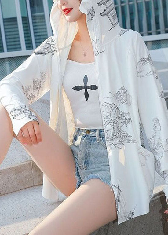 Style White Zip Up Pockets Print Patchwork Ice Silk UPF 50+ Coat Summer