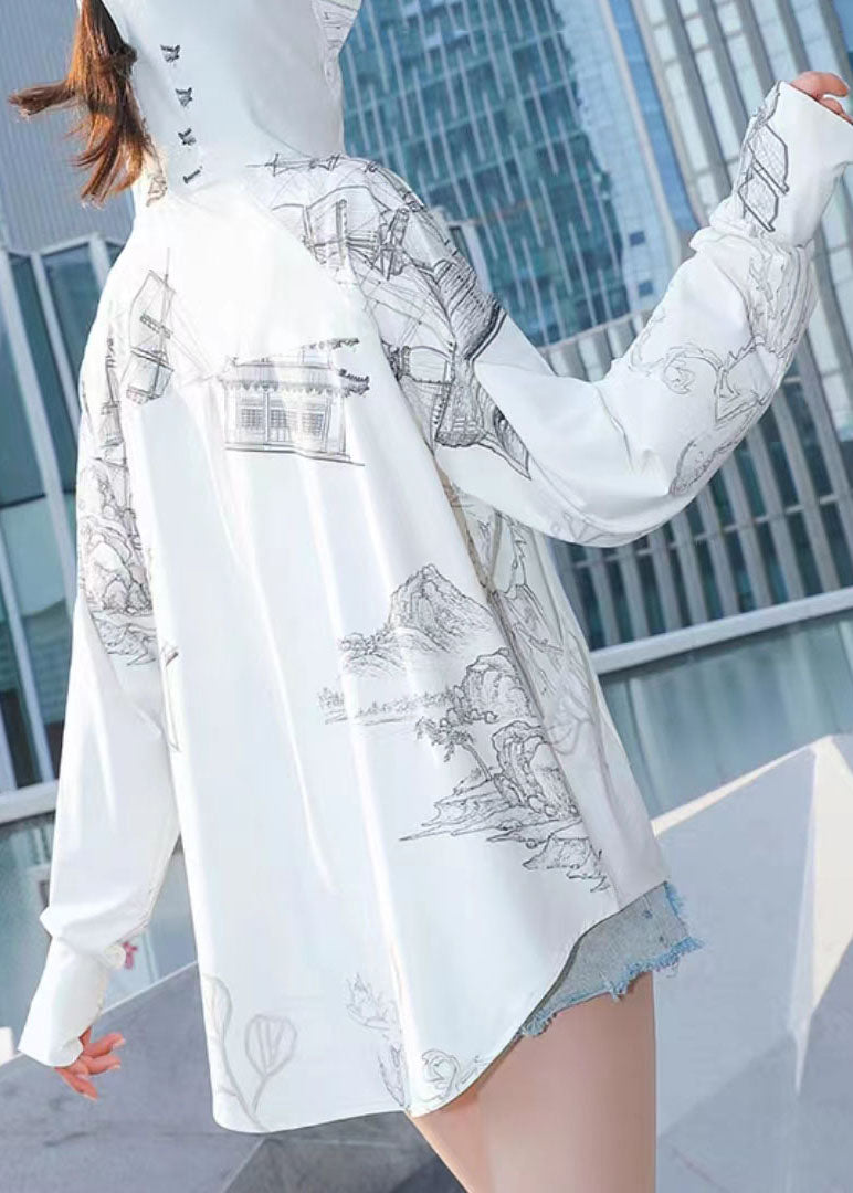 Style White Zip Up Pockets Print Patchwork Ice Silk UPF 50+ Coat Summer