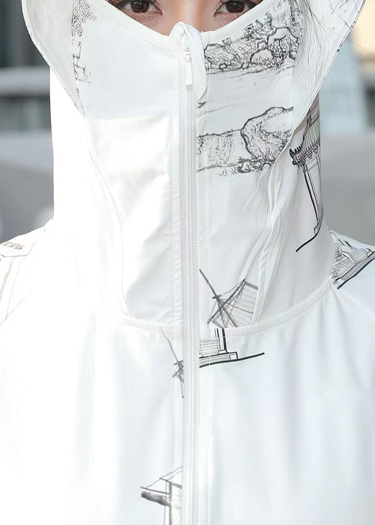 Style White Zip Up Pockets Print Patchwork Ice Silk UPF 50+ Coat Summer