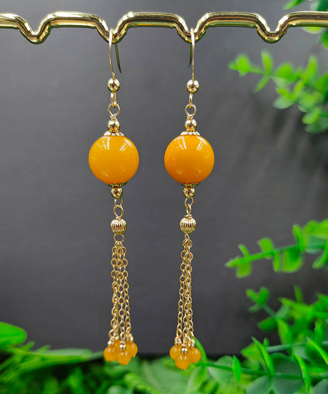 Style Yellow 14K Gold Amber Beeswax Chain Tassel Drop Earrings