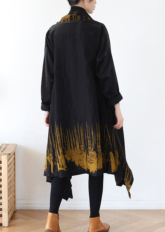 Style Yellow Asymmetrical Print Streetwear Trench Coats Long Sleeve