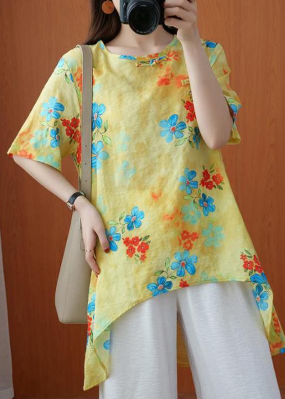 Style Yellow Crane Tops O-Neck Silhouette Summer Blouses - Omychic