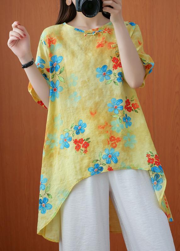 Style Yellow Crane Tops O-Neck Silhouette Summer Blouses - Omychic