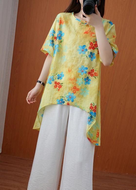 Style Yellow Crane Tops O-Neck Silhouette Summer Blouses - Omychic