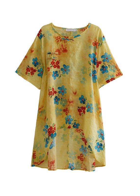 Style Yellow Crane Tops O-Neck Silhouette Summer Blouses - Omychic