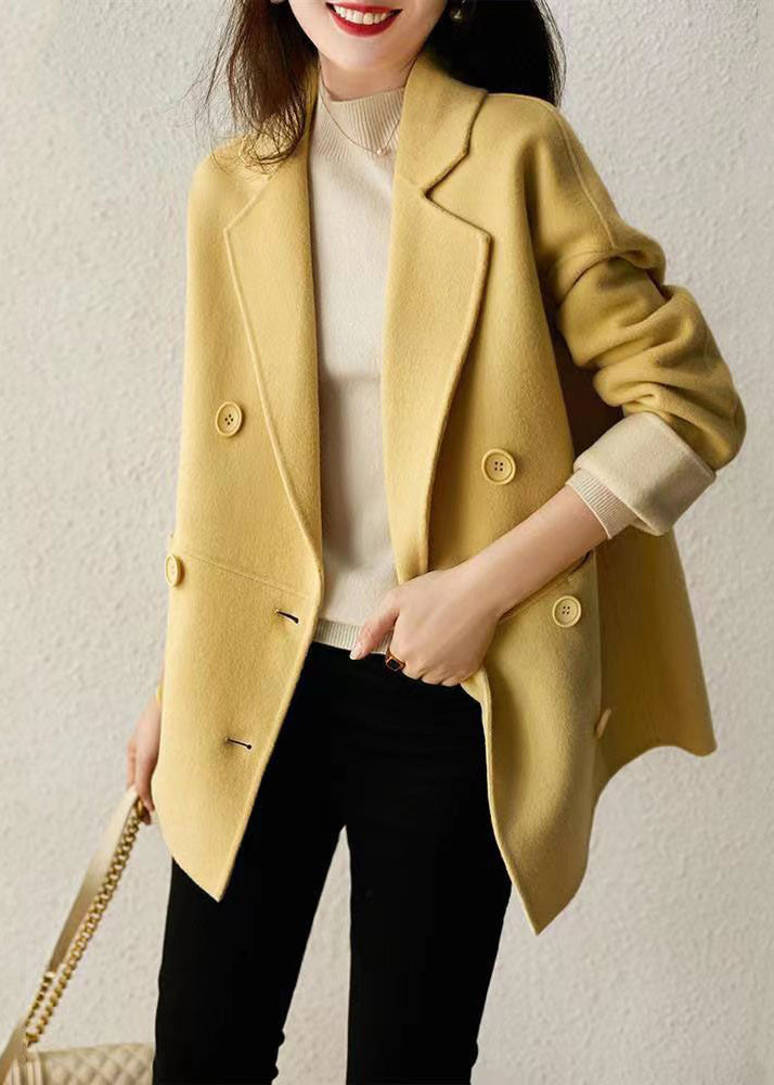 Style Yellow Double Breast Patchwork Woolen Jacket Fall