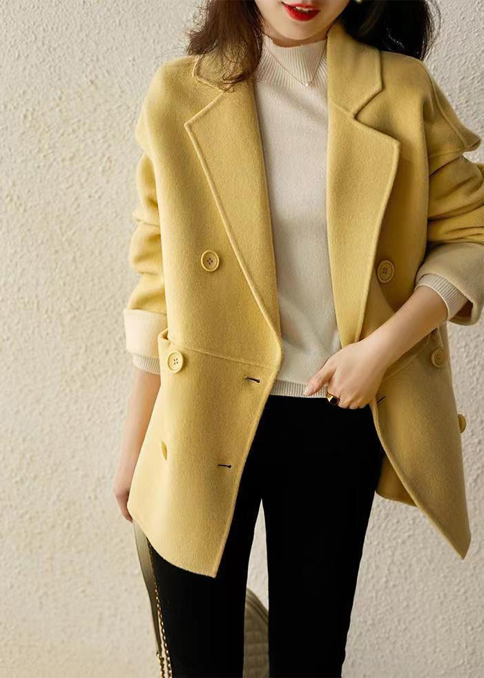 Style Yellow Double Breast Patchwork Woolen Jacket Fall