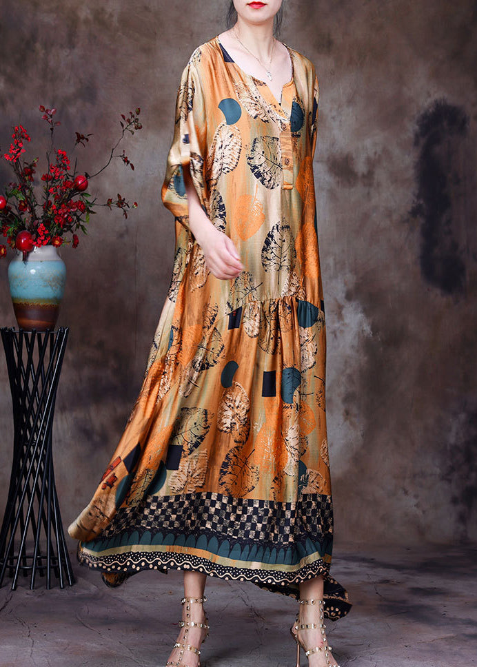 Style Yellow O-Neck Wrinkled Print Silk Women's Long Dress Half Sleeve