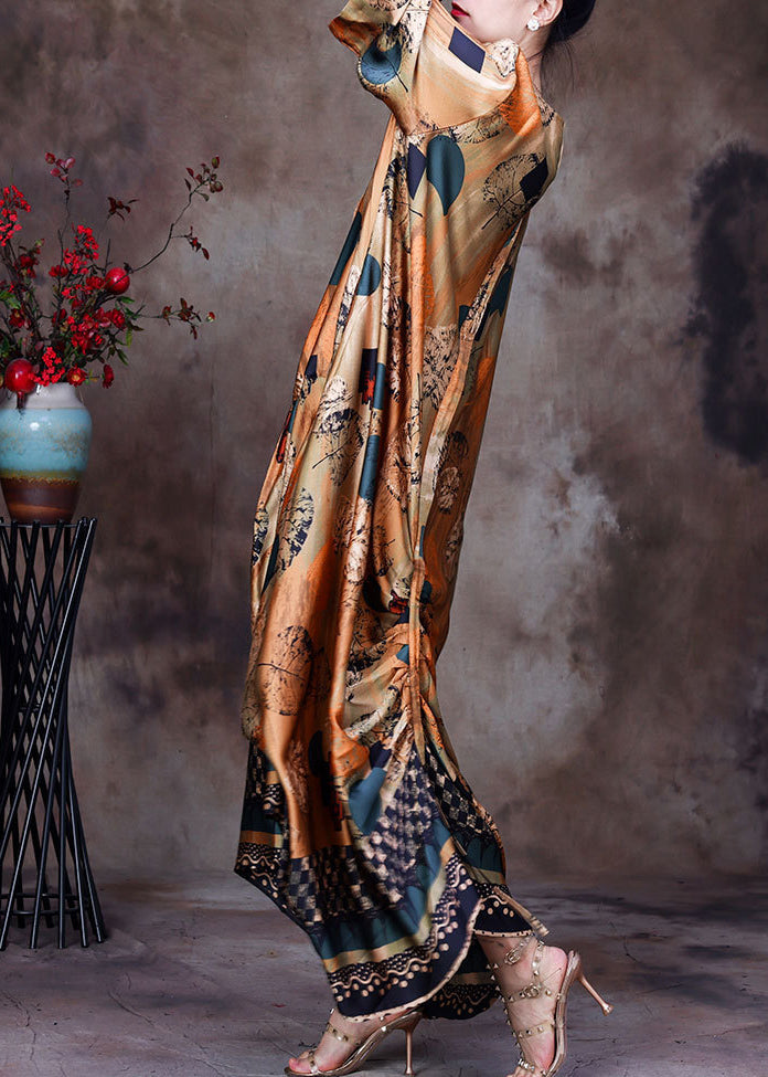 Style Yellow O-Neck Wrinkled Print Silk Women's Long Dress Half Sleeve