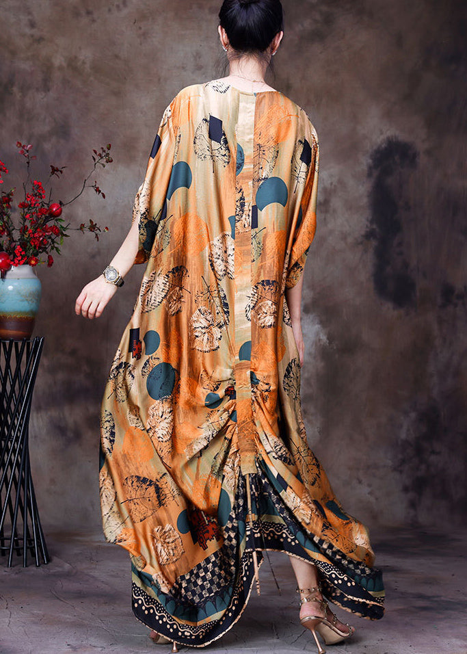 Style Yellow O-Neck Wrinkled Print Silk Women's Long Dress Half Sleeve