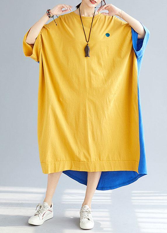 Style Yellow Patchwork Blue Summer Holiday Dress Half Sleeve - Omychic