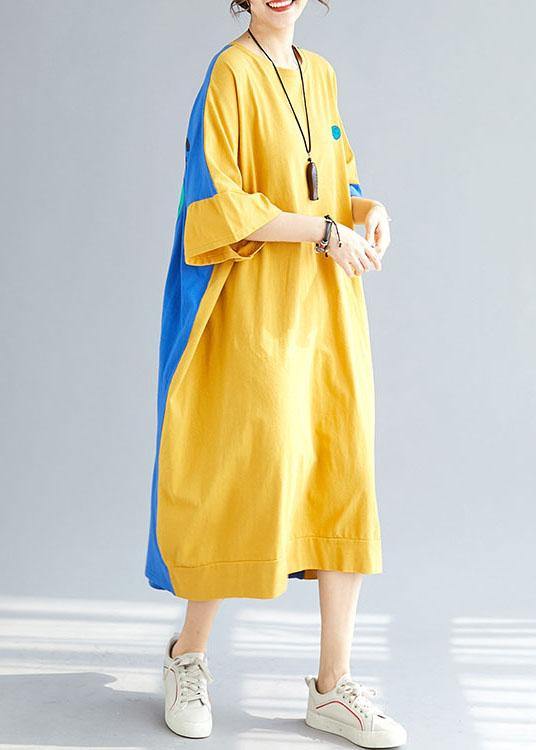 Style Yellow Patchwork Blue Summer Holiday Dress Half Sleeve - Omychic