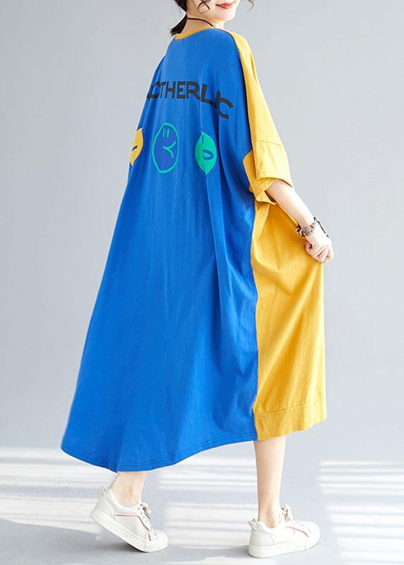 Style Yellow Patchwork Blue Summer Holiday Dress Half Sleeve - Omychic