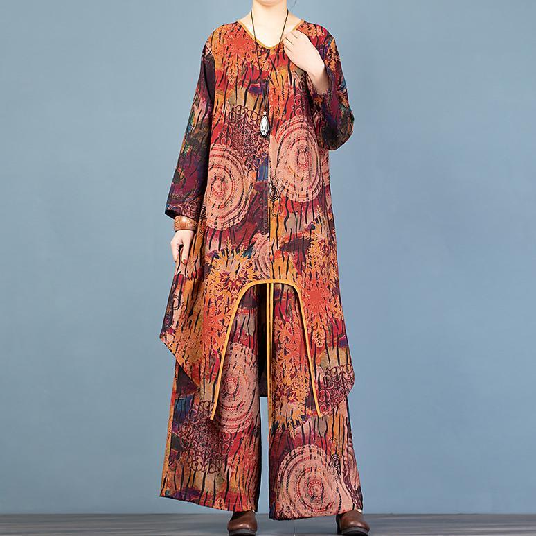 Style asymmetric chocolate print long cardigan and baggy wide leg p - Omychic