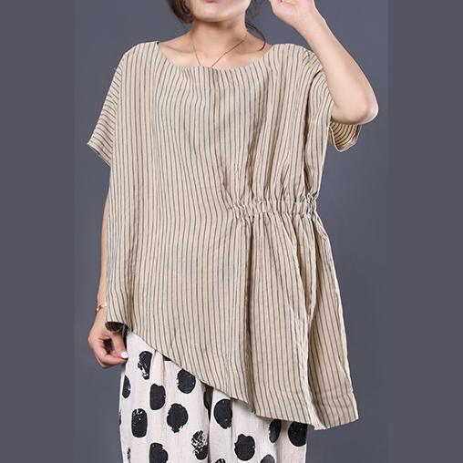 Style asymmetric cotton crane tops Shirts khaki striped top summer - Omychic