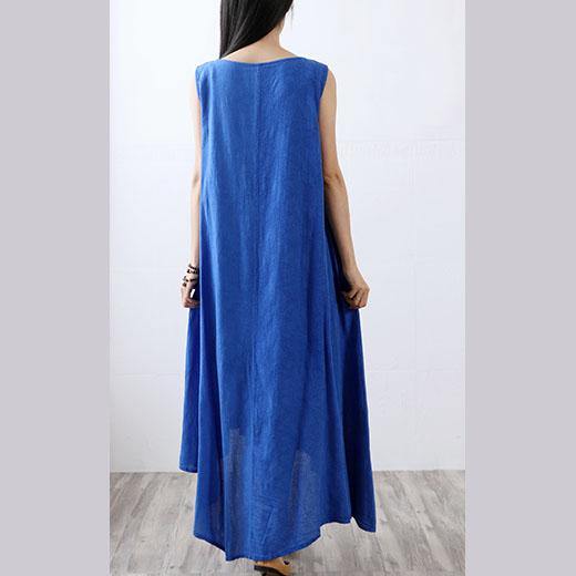 Style asymmetric linen cotton quilting clothes Fabrics blue sleeveless Dress summer - Omychic
