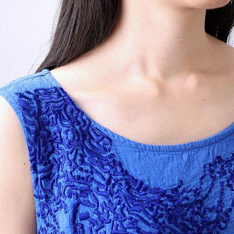 Style asymmetric linen cotton quilting clothes Fabrics blue sleeveless Dress summer - Omychic