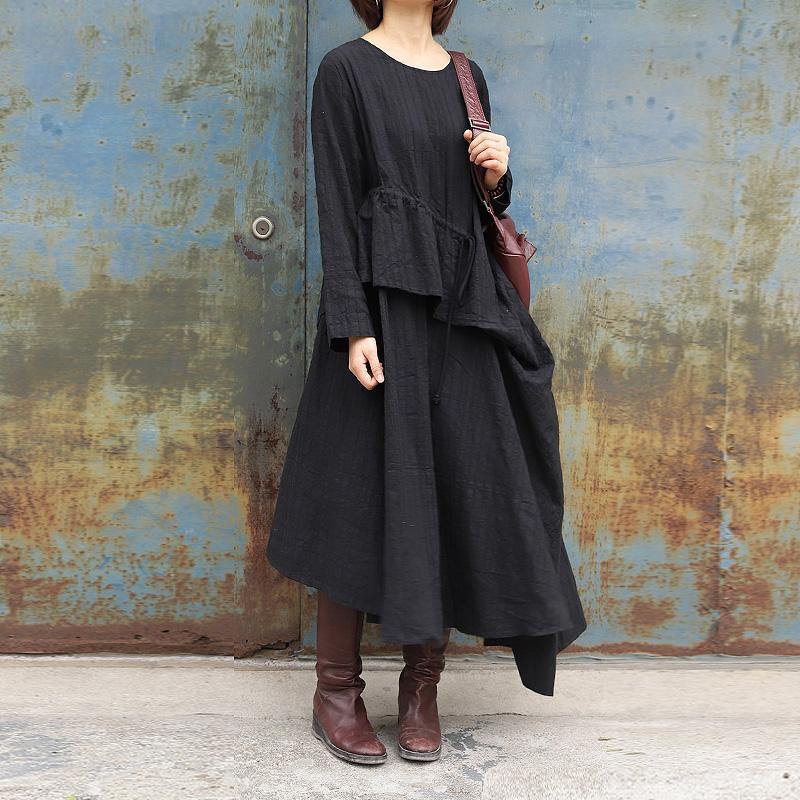 Style black cotton linen Robes o neck drawstring Maxi spring Dresses - Omychic