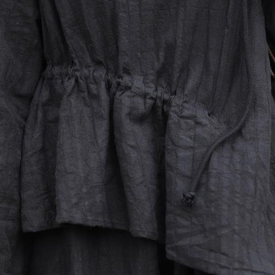 Style black cotton linen Robes o neck drawstring Maxi spring Dresses - Omychic