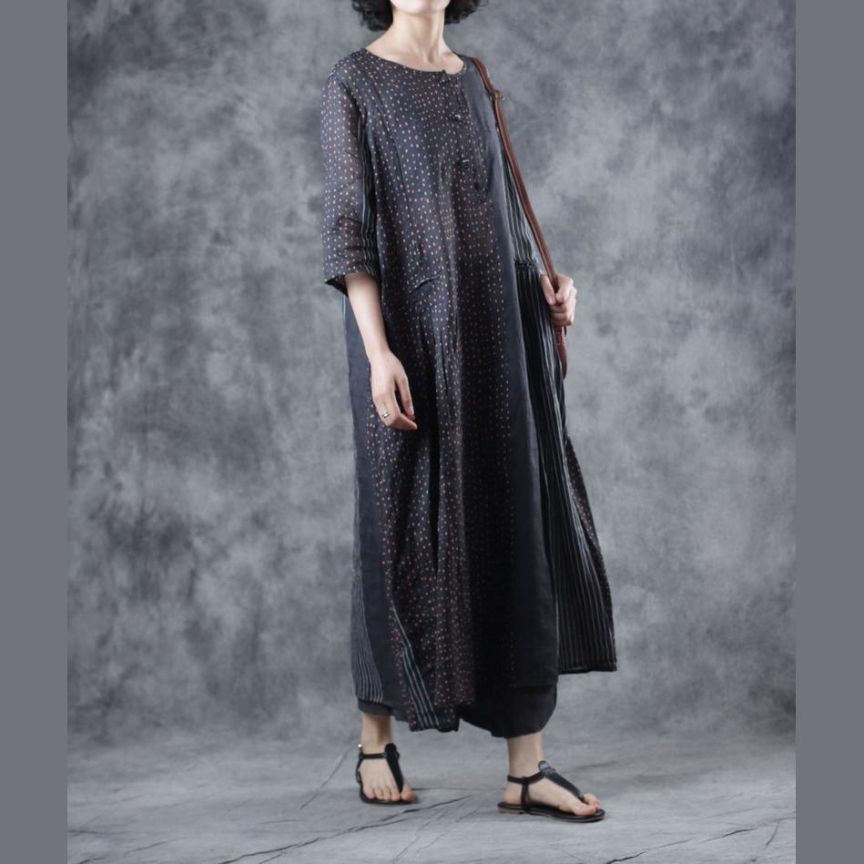 Style black dotted linen dresses o neck pockets cotton summer Dress - Omychic