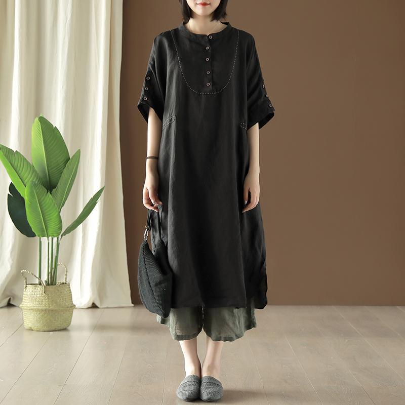 Style Black Linen Dress O Neck Side Open Vestidos De Lino Summer Dress ( Limited Stock) - Omychic