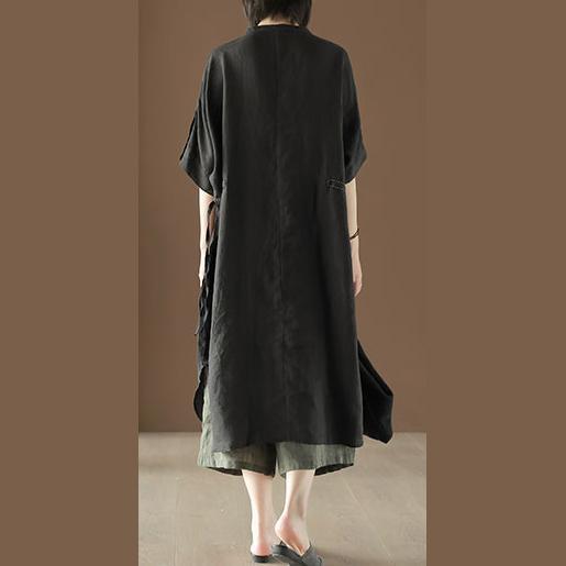 Style Black Linen Dress O Neck Side Open Vestidos De Lino Summer Dress ( Limited Stock) - Omychic