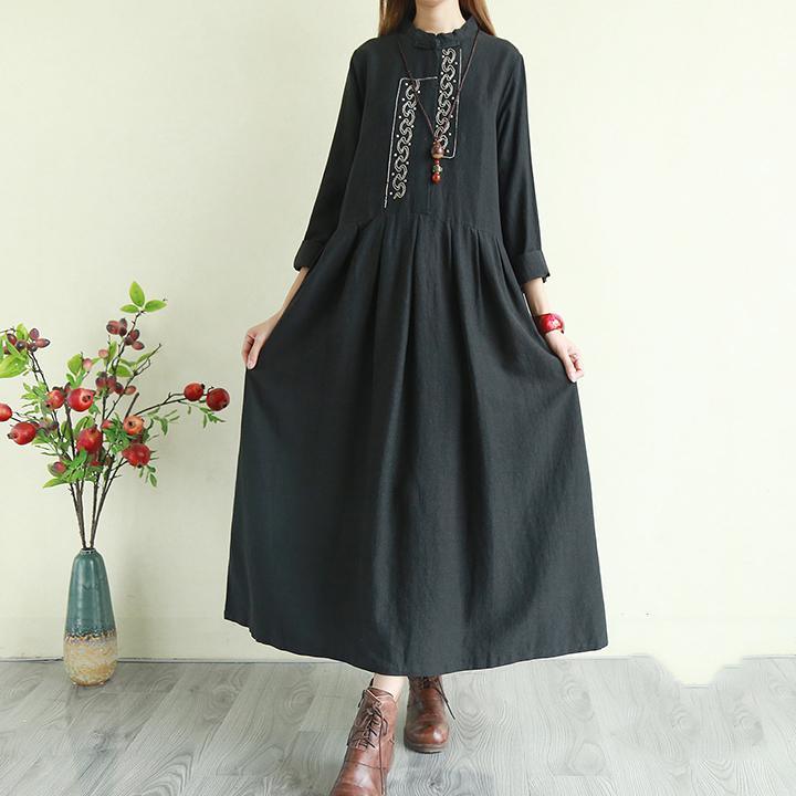 Style black linen dress stand collar embroidery Plus Size Dresses - Omychic