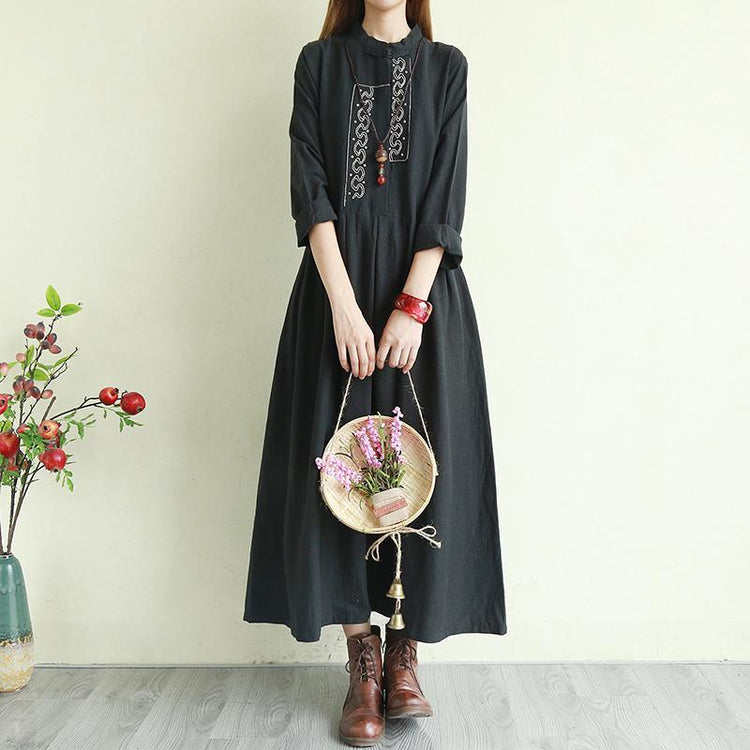Style black linen dress stand collar embroidery Plus Size Dresses - Omychic
