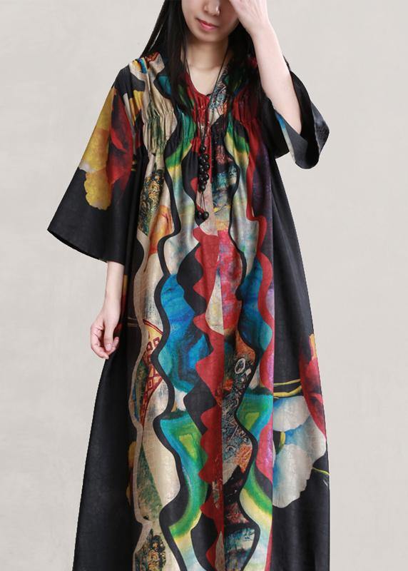 Style Black Print V Neck Summer Dress Flare Sleeve