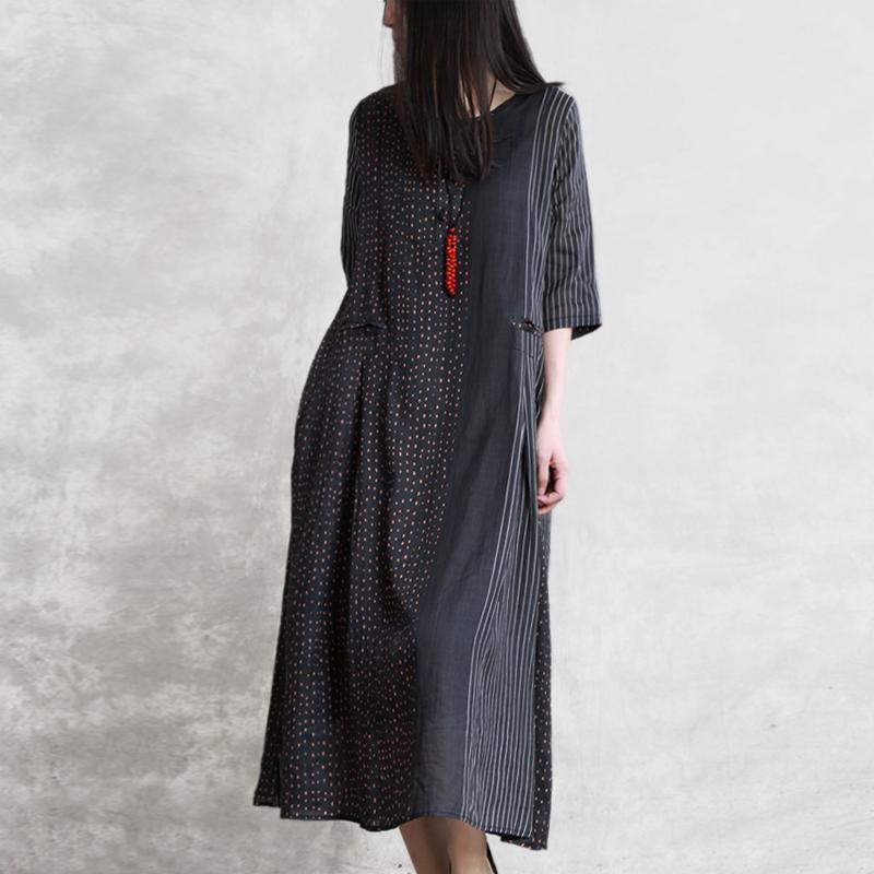 Style black striped linen Robes o neck patchwork Maxi summer Dress - Omychic