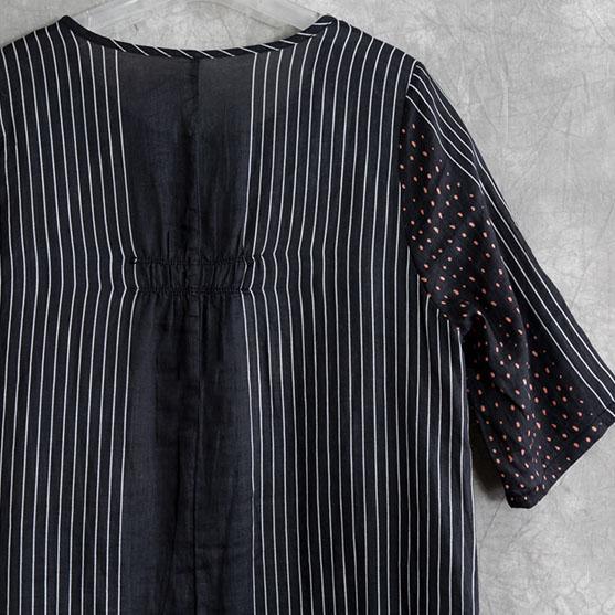 Style black striped linen Robes o neck patchwork Maxi summer Dress - Omychic