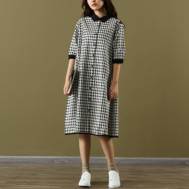 Style black white Plaid clothes For Women half sleeve lapel A Line summer Dresses - Omychic