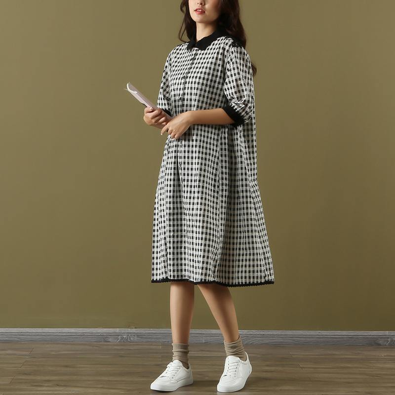 Style black white Plaid clothes For Women half sleeve lapel A Line summer Dresses - Omychic