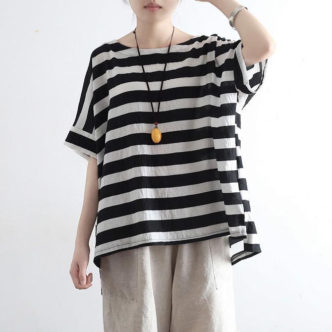 Style black white striped silk cotton clothes For Women Casual Fabrics o neck Plus Size Clothing tops - Omychic