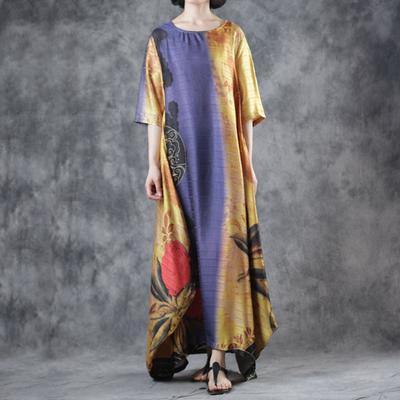 Style blended yellow Round Neck clothes top quality Half Sleeve  Loose Printed Dress - Omychic