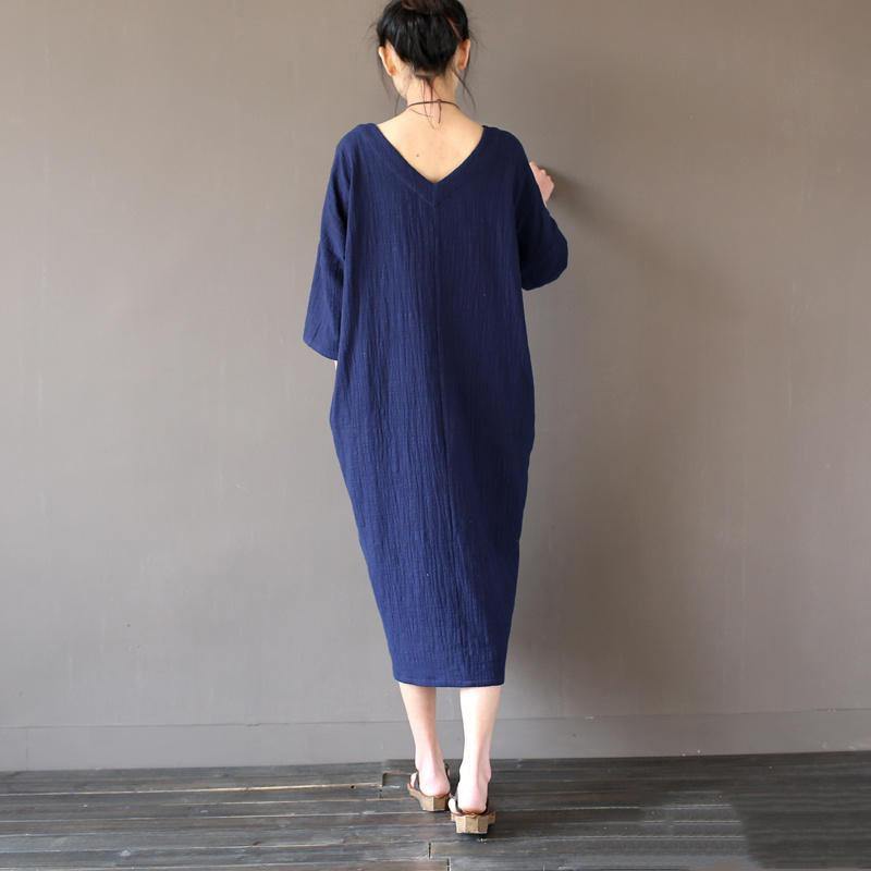 Style blue cotton linen Soft Surroundings plus size Tutorials Art V neck wrinkled Dresses - Omychic