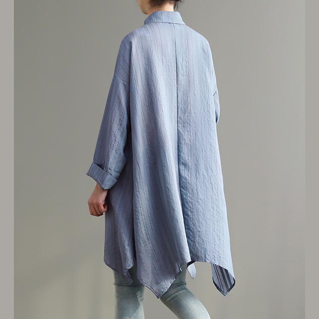 Style blue cotton shirts Indian pattern lapel asymmetric Art top - Omychic