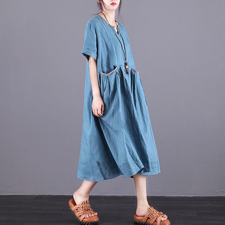 Style blue linen dresses v neck pockets Maxi summer Dress - Omychic