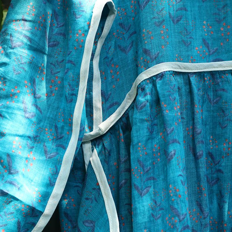 Style blue print linen clothes For Women 2019 Shirts o neck pockets Art Summer Dress - Omychic