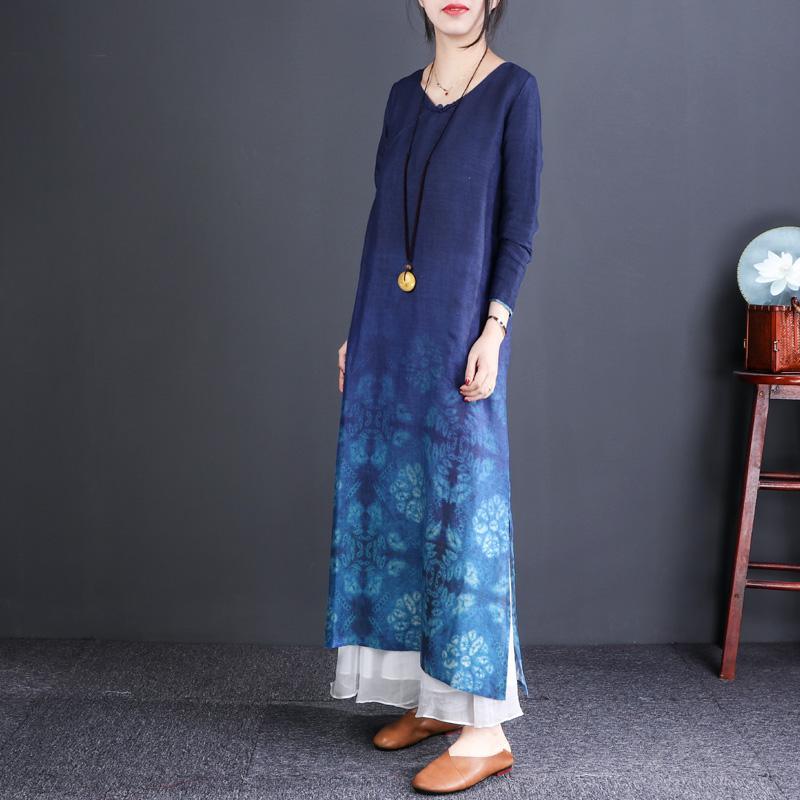 Style blue print linen clothes For Women Fine Work Outfits v neck linen robes Dresses - Omychic