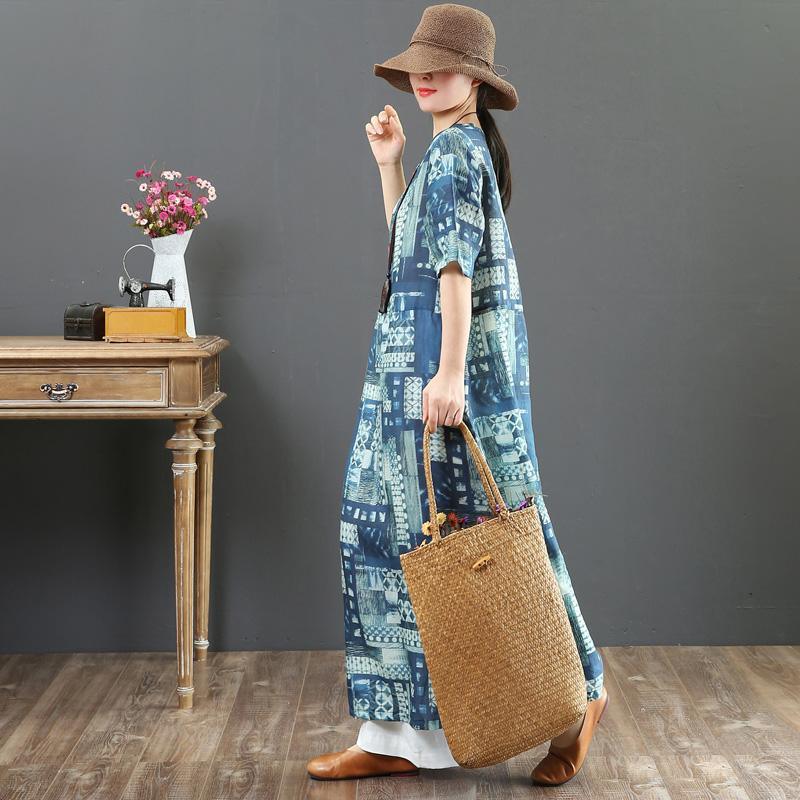 Style blue print linen clothes For Women plus size Fabrics o neck side open Vestidos De Lino Summer Dress - Omychic