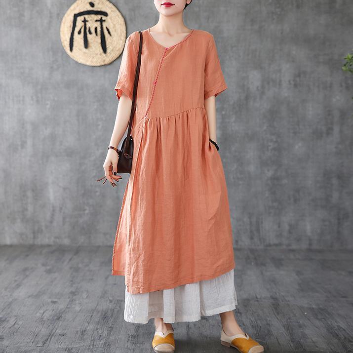Style brown linen clothes For Women o neck pockets Maxi Dress - Omychic