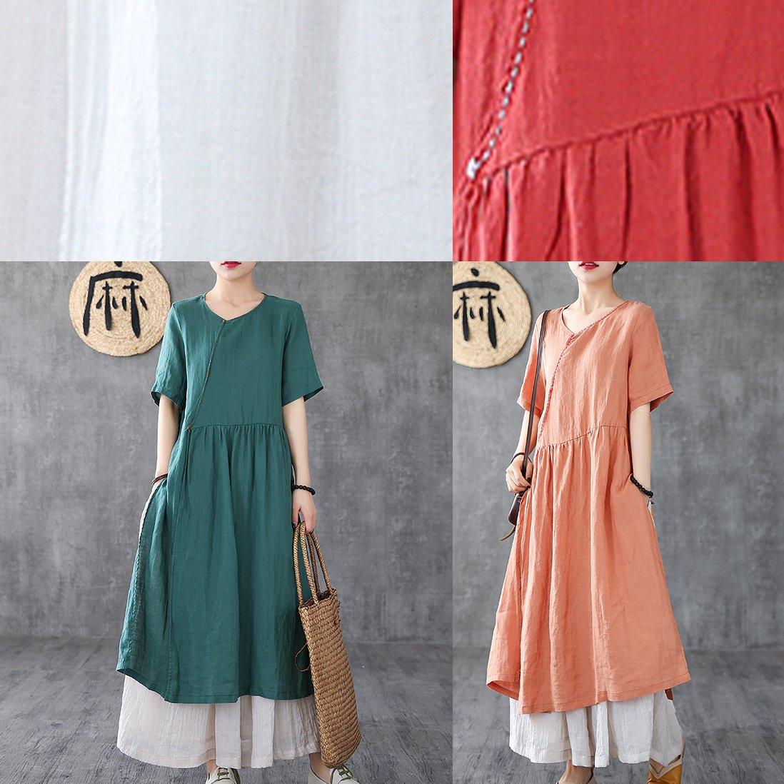 Style brown linen clothes For Women o neck pockets Maxi Dress - Omychic