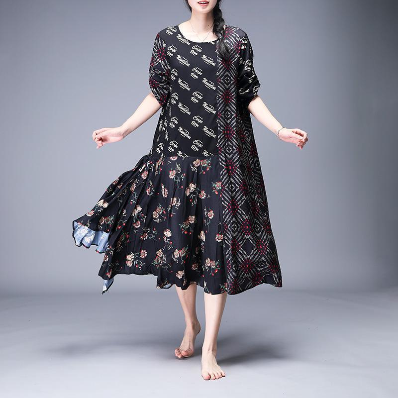 Style clothes Women Fine Print Mulberry Silk Spliced Irregular Dress - Omychic