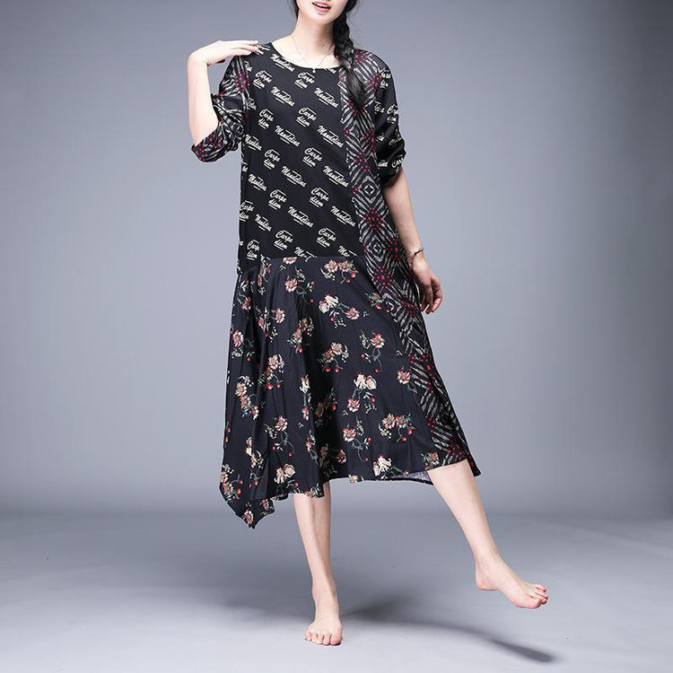 Style clothes Women Fine Print Mulberry Silk Spliced Irregular Dress - Omychic