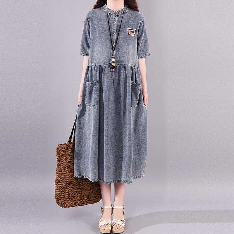 Style cotton clothes For Women Metropolitan Museum Vintage Bleached Short Sleeve Denim Dress - Omychic