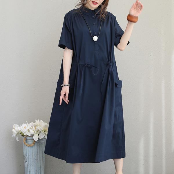 Style Cotton Clothes For Women Plus Size Solid Turn-down Collar Midi Blue Short Sleeve Dress ( Limited Stock) - Omychic