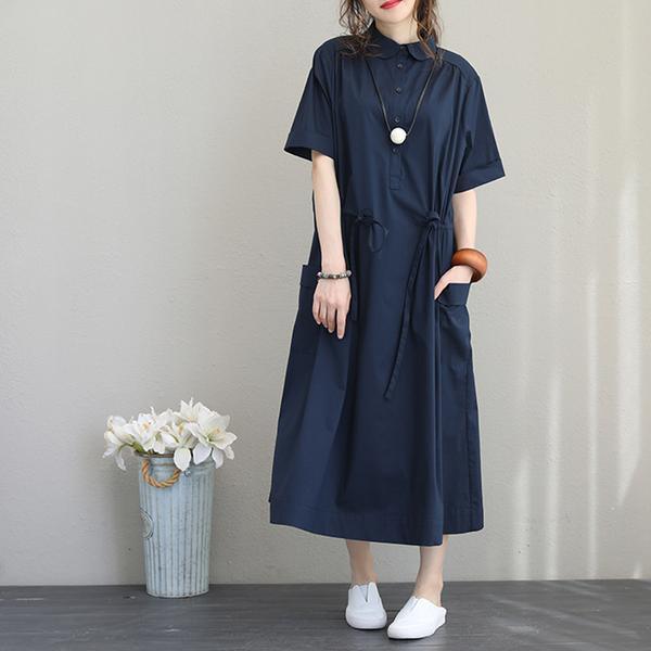Style Cotton Clothes For Women Plus Size Solid Turn-down Collar Midi Blue Short Sleeve Dress ( Limited Stock) - Omychic