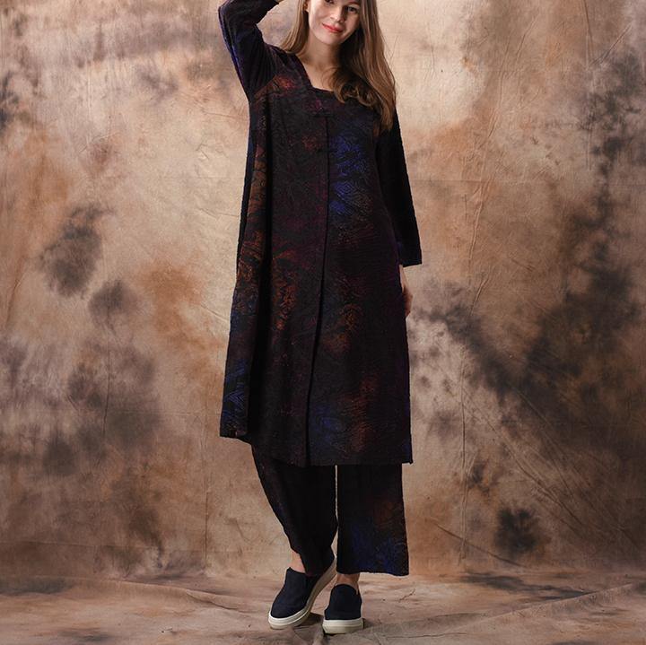 Style cotton clothes asymmetric wide leg pants For Women 2019 Cotton purple Jacquard tunic shirt spring - Omychic