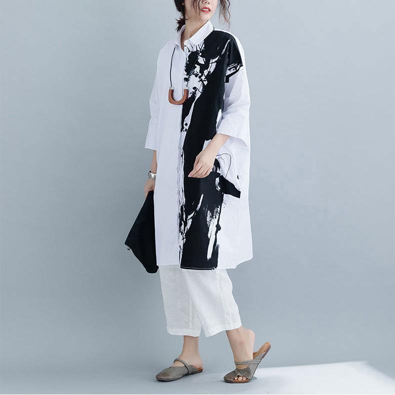Style cotton tunics for women stylish Three Quarter sleeve print Catwalk white box blouse - Omychic